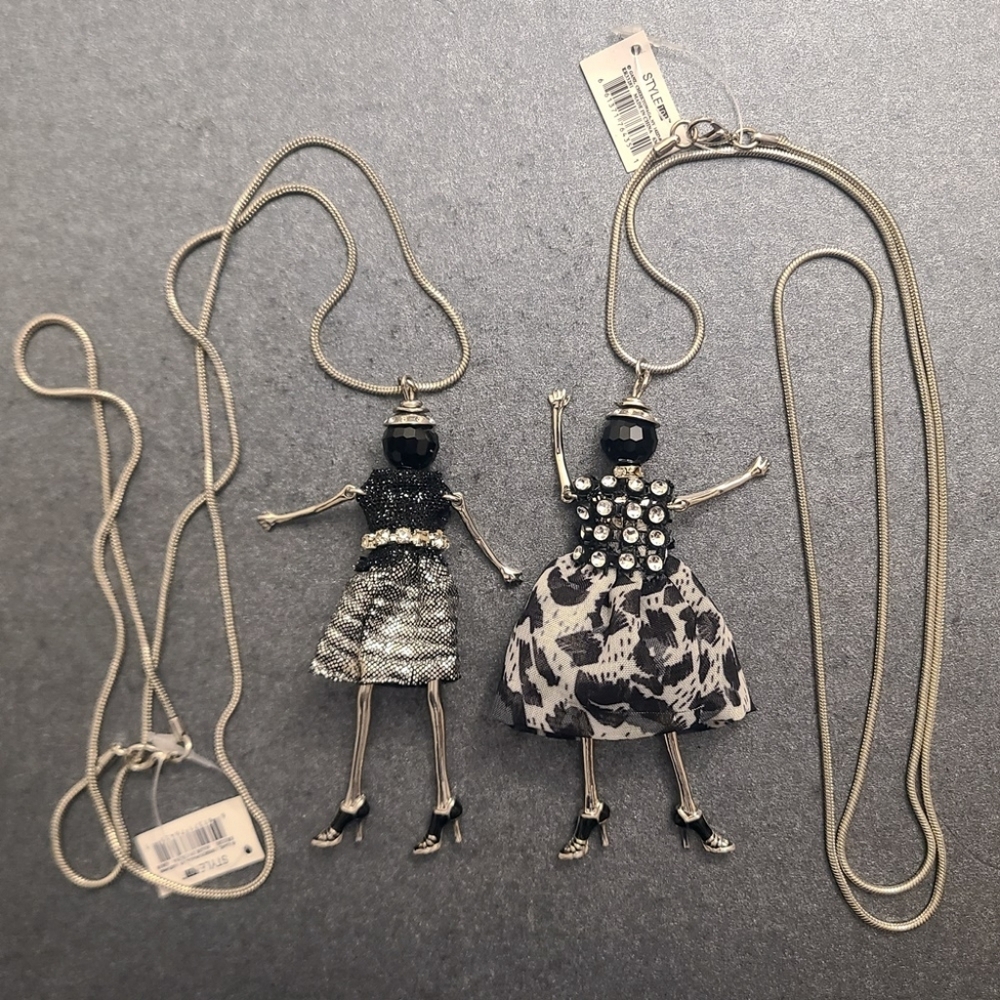 Black & Silver Rhinestone Swinging Doll Necklace